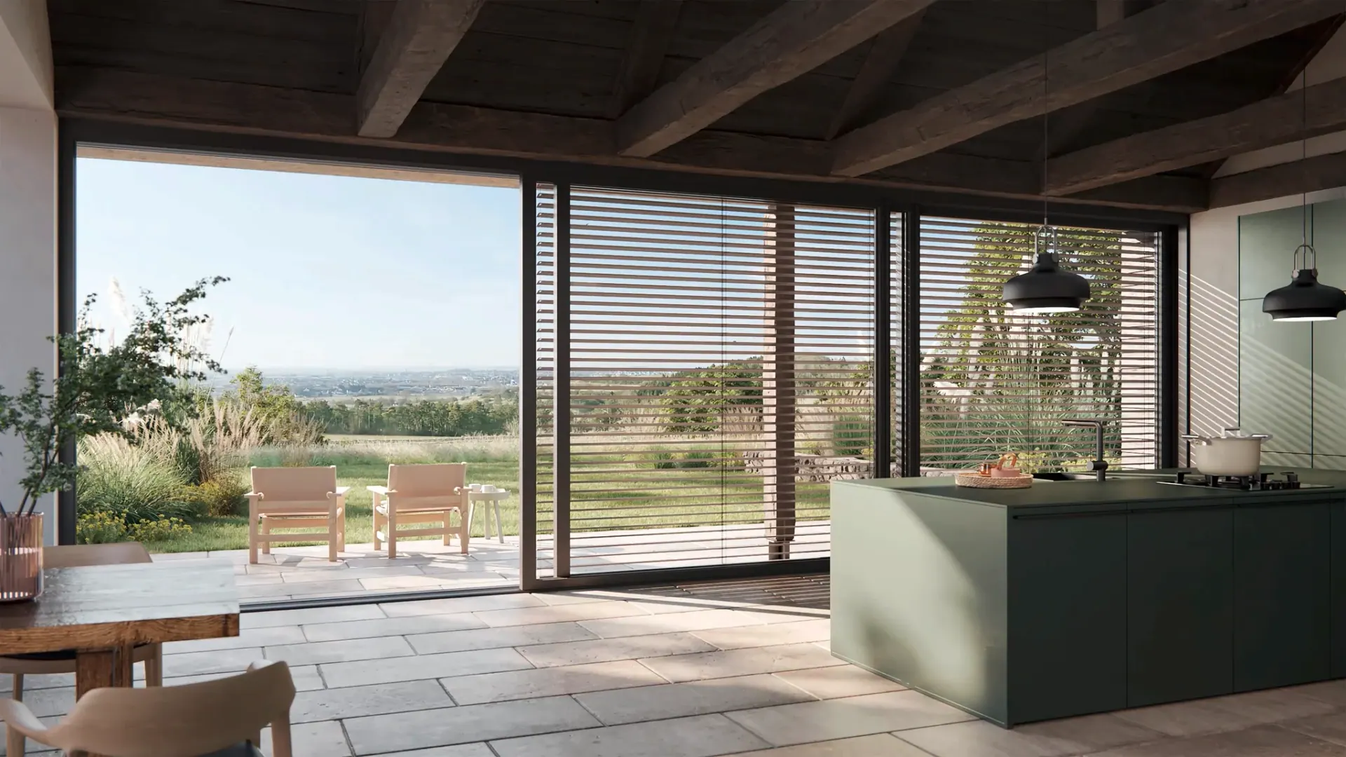 Moderne Küche mit Raffstoren für Sonnenschutz, Blick auf Gütersloh Landschaft, Maßanfertigung in Westerwalbesloh, OWL.
