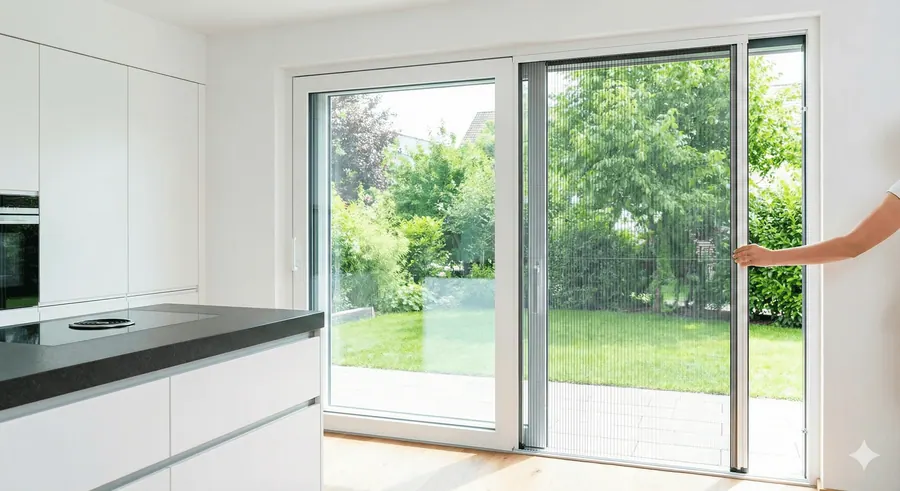 Geöffnete Insektenschutz-Schiebetür in einer hellen Küche mit Blick in den Garten