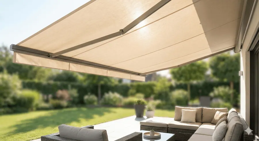 Ausgefahrene Markise über einer Terrasse mit Gartenmöbeln