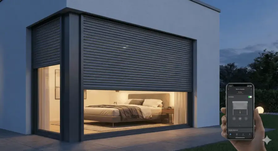 Heruntergelassener Rollladen an einem Haus am Abend mit Blick in ein beleuchtetes Schlafzimmer, daneben ein Smartphone mit Steuerungs-App
