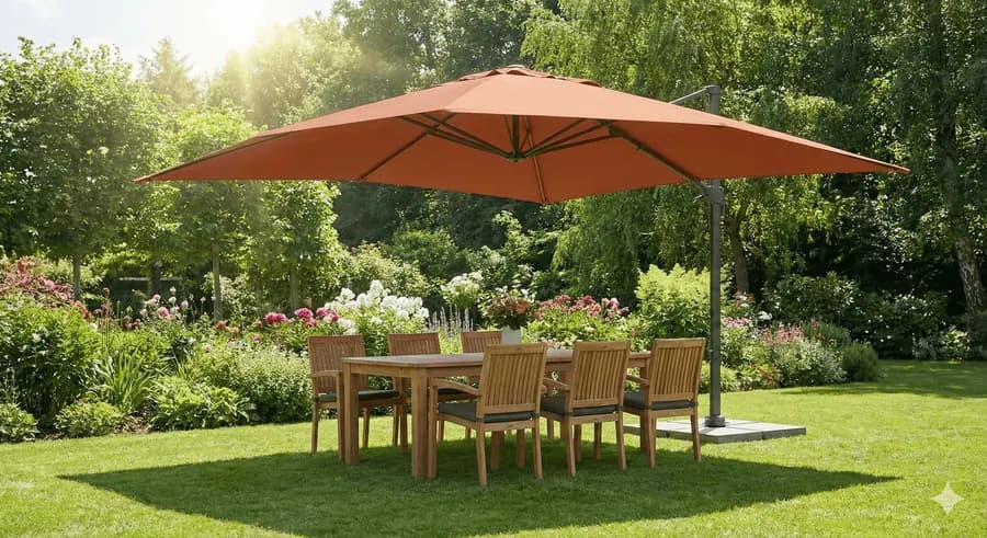 Orangeroter Ampelschirm über einem Gartentisch mit Holzstühlen auf einer Wiese