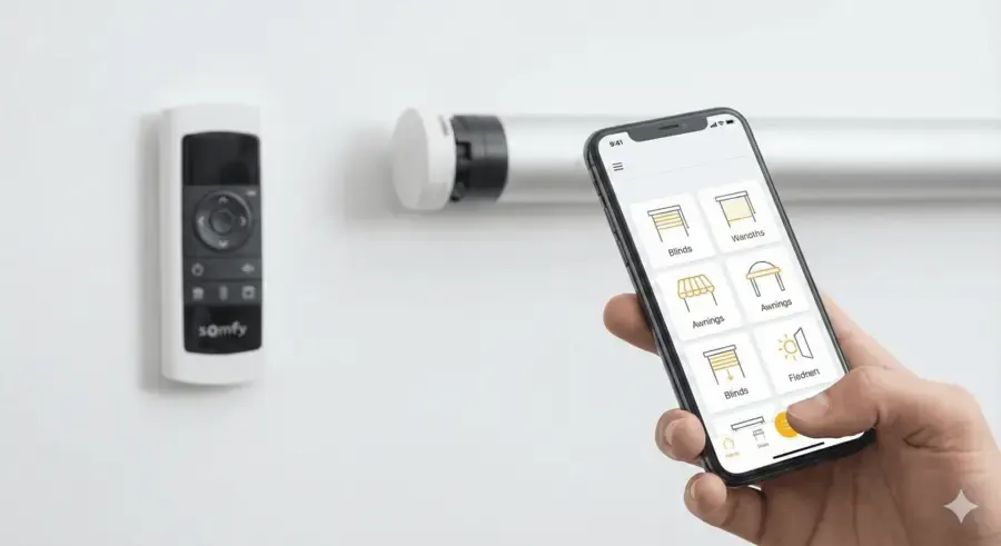 Somfy-Wandsender und Rohrmotor an einer Wand, davor eine Hand mit Smartphone und Steuerungs-App