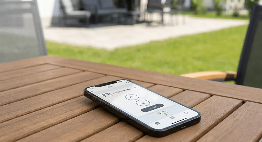 Smartphone mit Steuerungs-App für den Sonnenschutz auf einem Holztisch im Garten