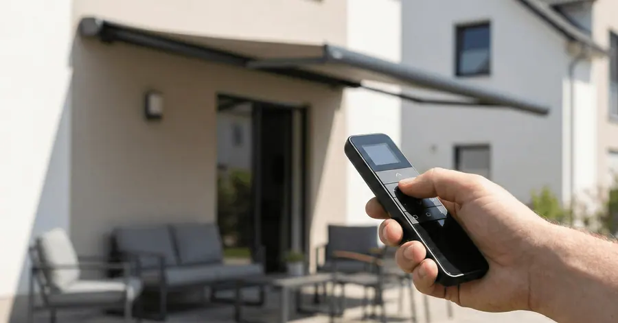 Hand mit Funk-Handsender vor einer Terrasse mit Markise