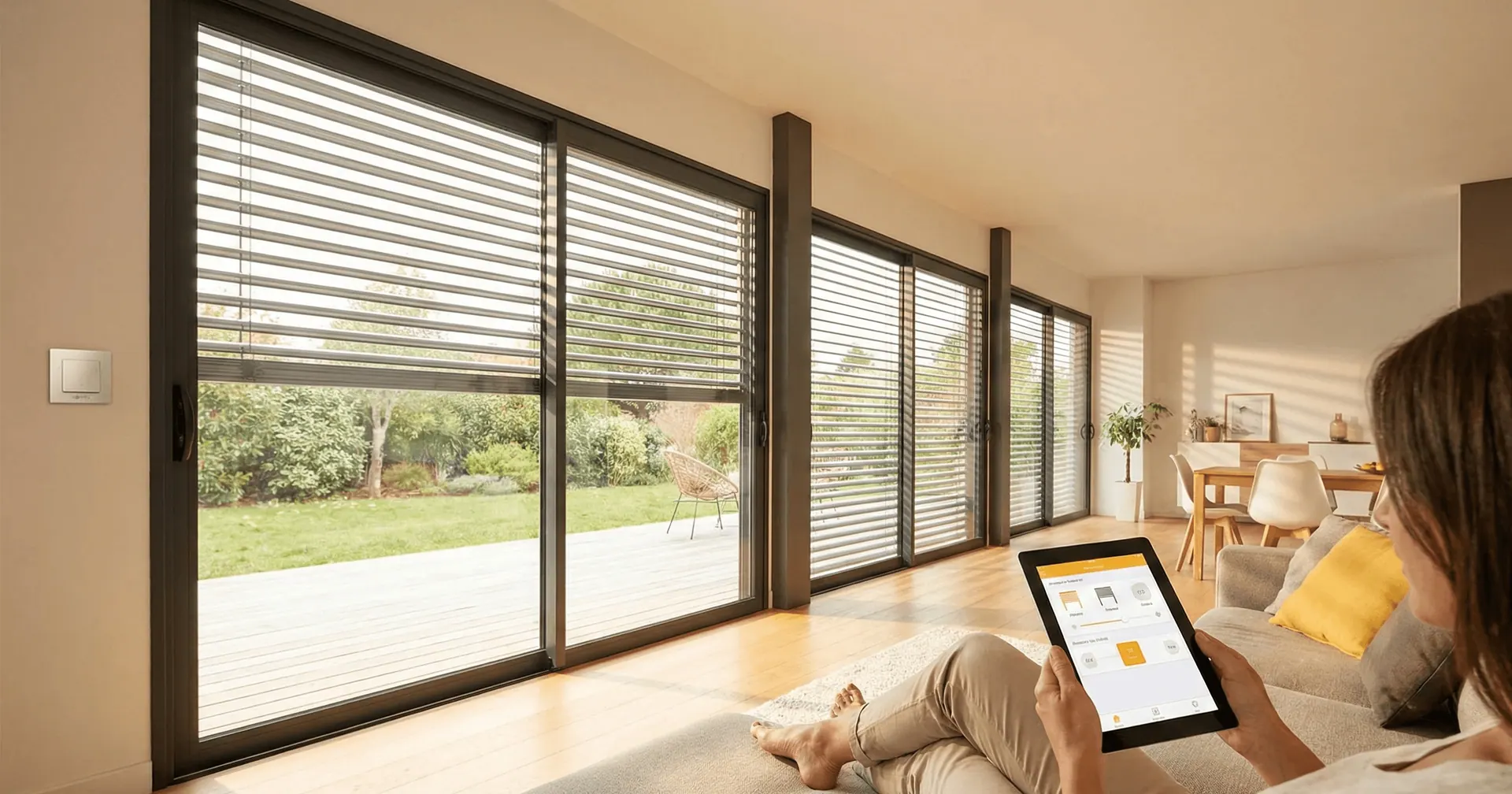 Moderne Sonnenschutzsysteme in Wohnraum, Steuerung über Tablet. Schwerpunkt: Maßanfertigung in Gütersloh, OWL.