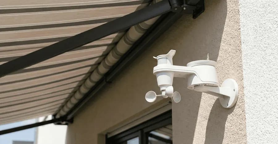 Wettersensor mit Windrädchen an einer Hauswand unter einer Markise