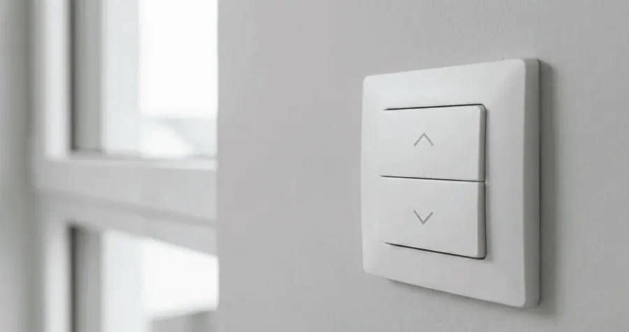 Wandschalter mit Auf- und Ab-Taste an einer hellen Wand neben einem Fenster